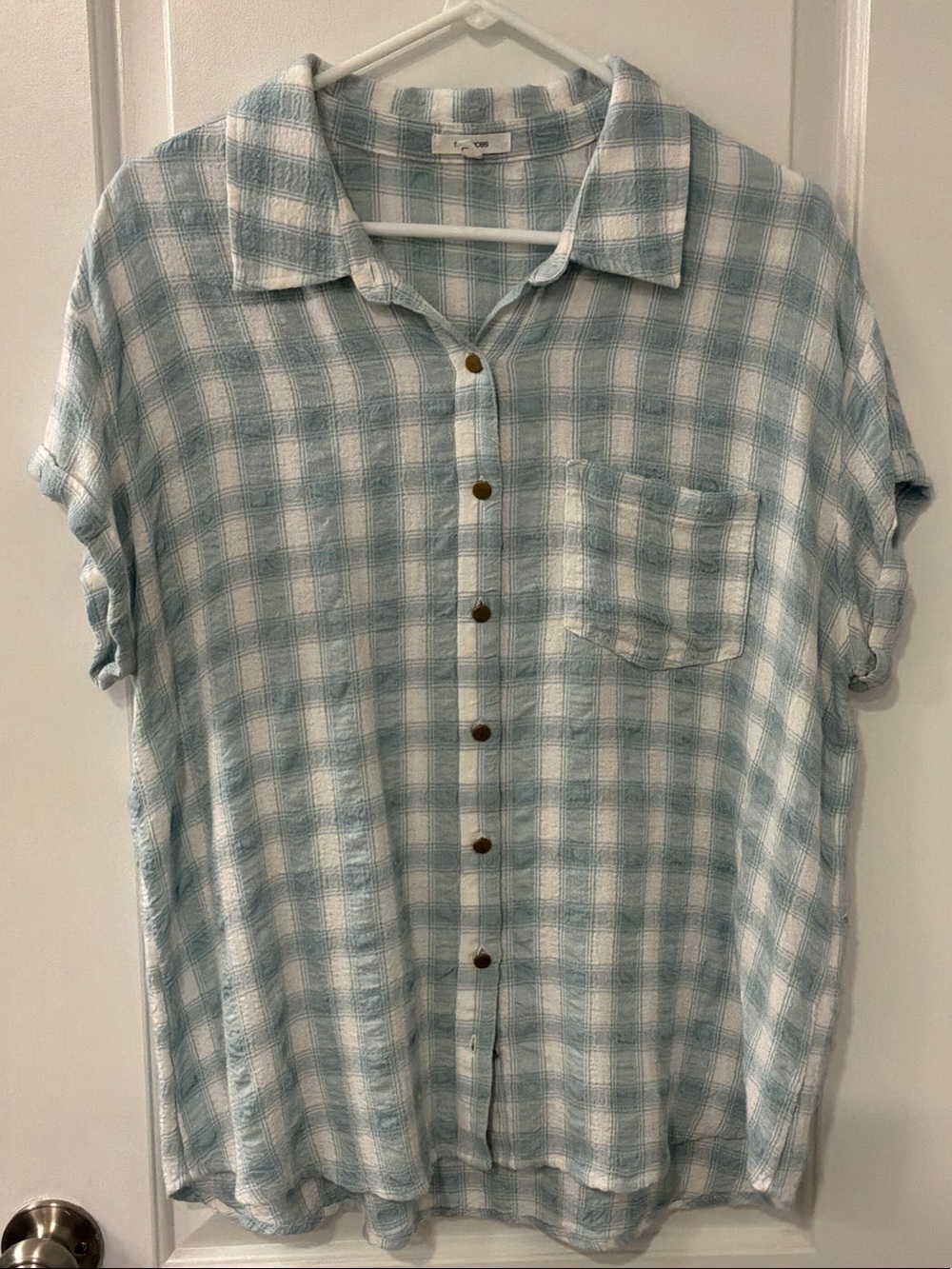 Maurices Light Blue and White Plaid Short-Sleeve Button-Down Shirt